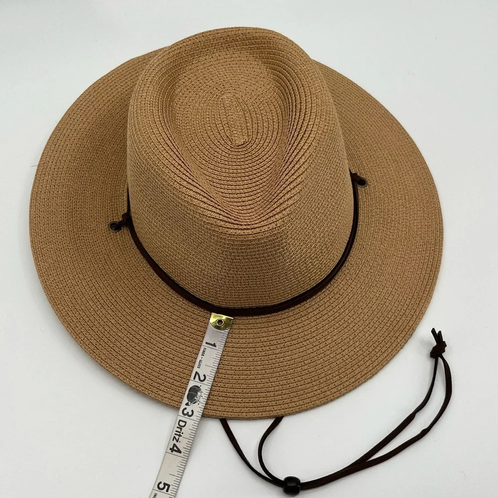 Summer Straw Sun Hat Womens Wide Brim Panama Fedora Beach Wind Lanyard UPF50+ - Picture 9 of 12